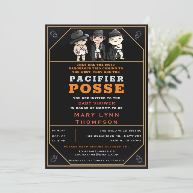 Triplets Pacifier Posse Wild West Fun Baby Shower Invitation (Standing Front)