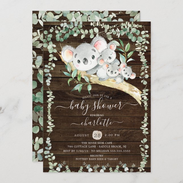 Triplets Sweet Koala Bears Baby Shower Invitation (Front/Back)