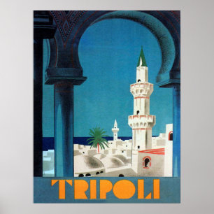 Tripoli, Libya, view on mosque, vintage travel Poster