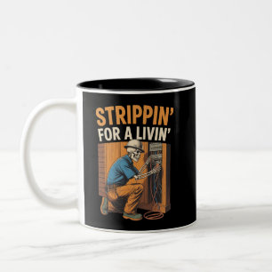 Trippin' for A Livin' Funny Skeleton Electrician Two-Tone Coffee Mug