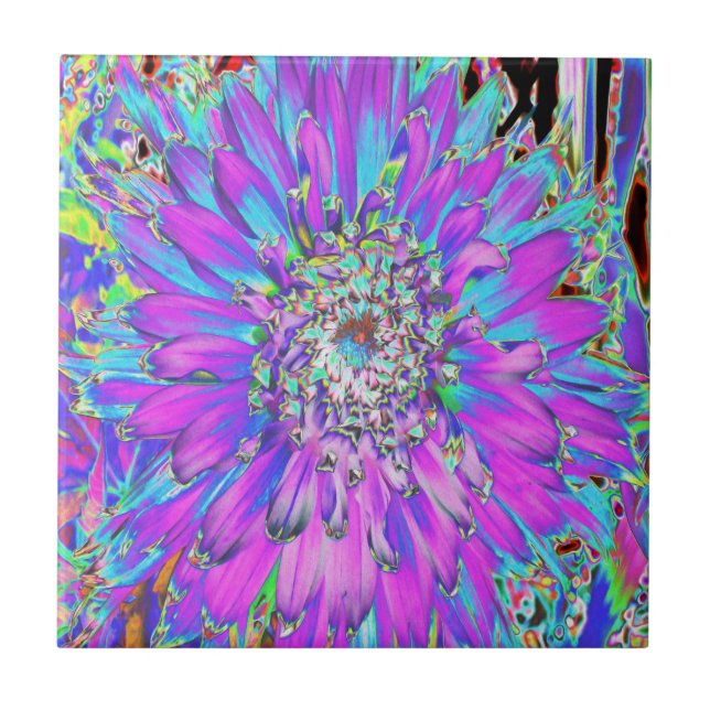 Trippy Abstract Aqua, Lime Green and Purple Dahlia Ceramic Tile (Front)