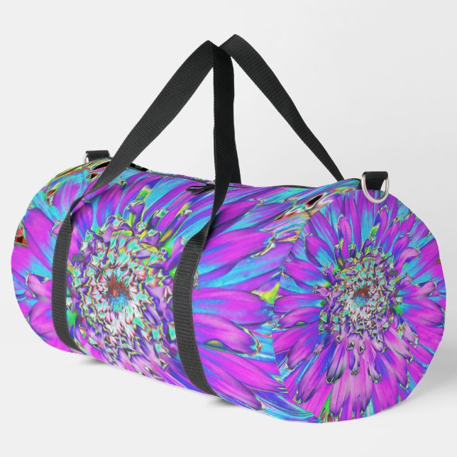 Trippy Abstract Aqua, Lime Green and Purple Dahlia Duffle Bag (Left Corner)