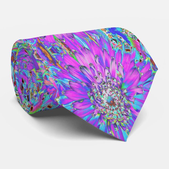Trippy Abstract Aqua, Lime Green and Purple Dahlia Tie (Rolled)