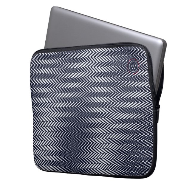 Trippy Abstract Black & White Stripes Rad Monogram Laptop Sleeve (Front Left)