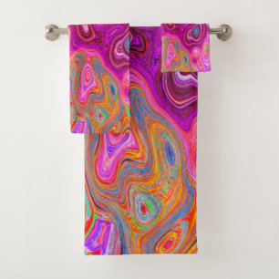 Trippy Abstract Magenta Rainbow Colours Retro Art Bath Towel Set
