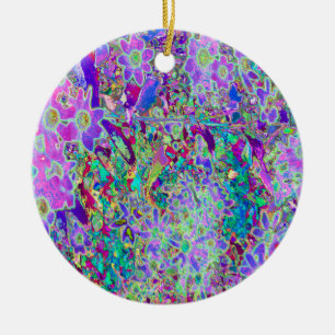 Trippy Abstract Pink and Purple Flowers Ceramic Ornament