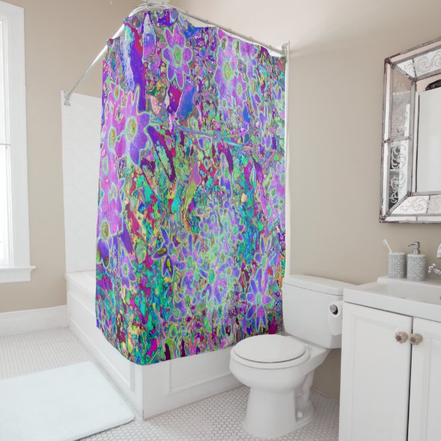 Trippy Abstract Pink and Purple Flowers Shower Curtain (In Situ)