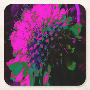 Trippy Abstract Retro Hot Pink and Black Flower Square Paper Coaster