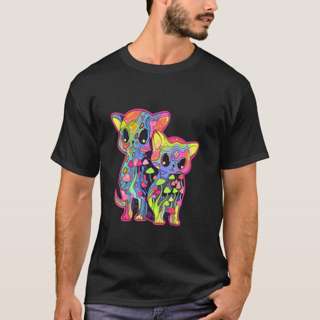 Trippy Art Mushroom Cat Psychedelic Festival T-Shirt (Front)