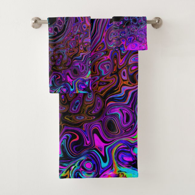 Trippy Black and Magenta Retro Liquid Swirl Bath Towel Set (Insitu)