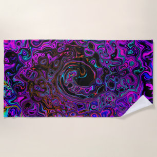 Trippy Black and Magenta Retro Liquid Swirl Beach Towel
