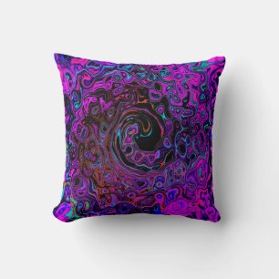 Trippy Black and Magenta Retro Liquid Swirl Cushion