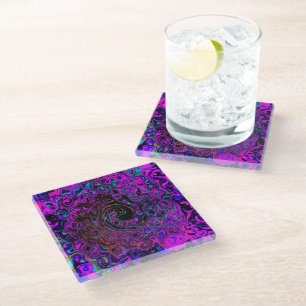 Trippy Black and Magenta Retro Liquid Swirl Glass Coaster