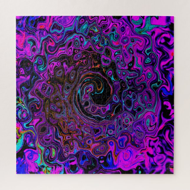 Trippy Black and Magenta Retro Liquid Swirl Jigsaw Puzzle (Vertical)