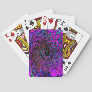 Trippy Black and Magenta Retro Liquid Swirl Playing Cards
