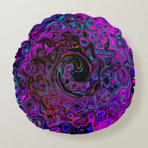 Trippy Black and Magenta Retro Liquid Swirl Round Cushion