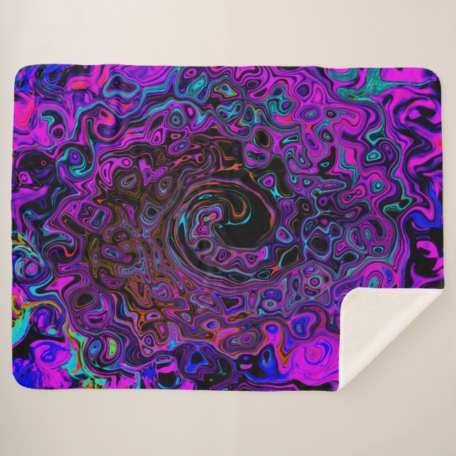 Trippy Black and Magenta Retro Liquid Swirl Sherpa Blanket (Front (Horizontal))