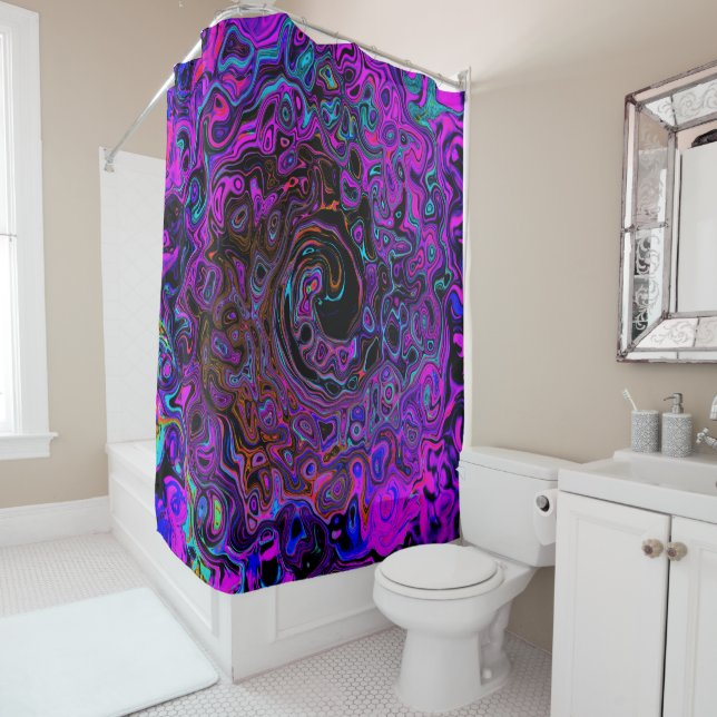 Trippy Black and Magenta Retro Liquid Swirl Shower Curtain (In Situ)