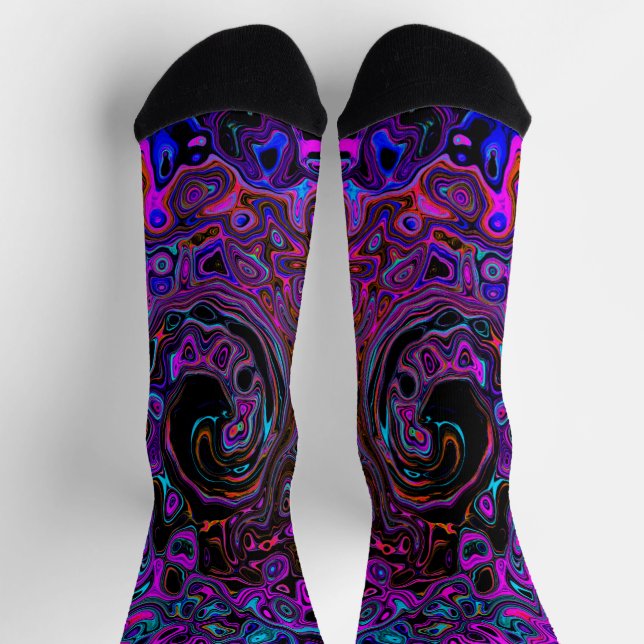 Trippy Black and Magenta Retro Liquid Swirl Socks (Top)