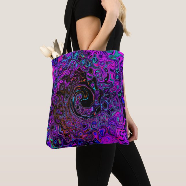 Trippy Black and Magenta Retro Liquid Swirl Tote Bag (Close Up)