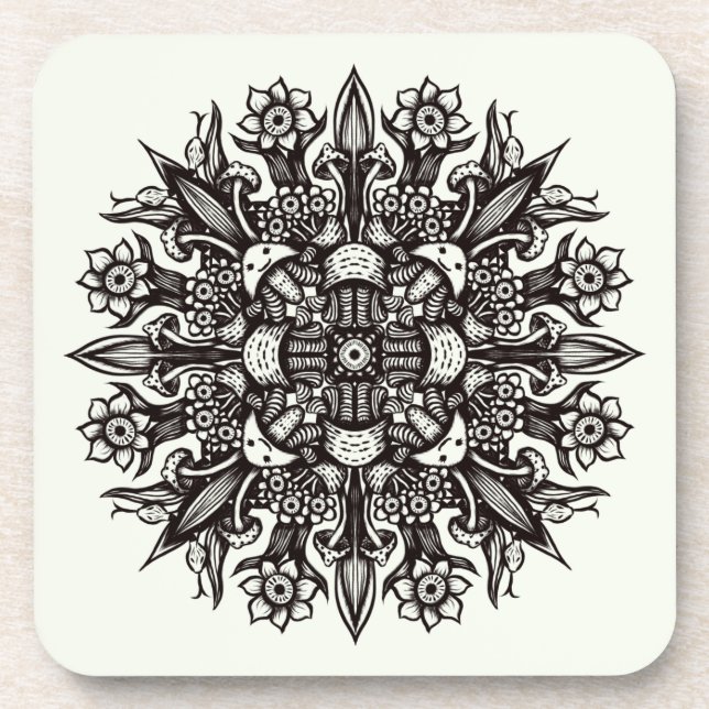 Trippy black and white cool psychedelic mandala coaster (Front)