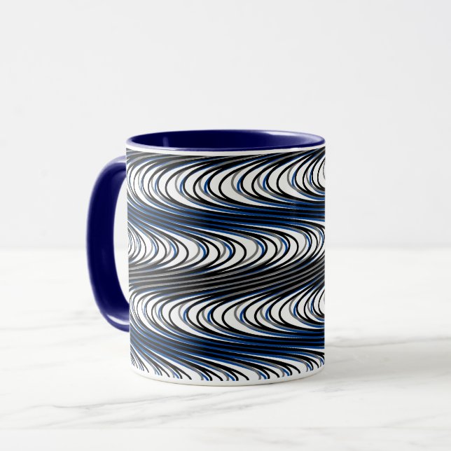 Trippy Black Navy Blue Wavy Stripes Abstract Cool Mug (Front Left)