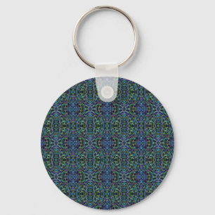 Trippy Blue Green Quilt Geometric Key Ring