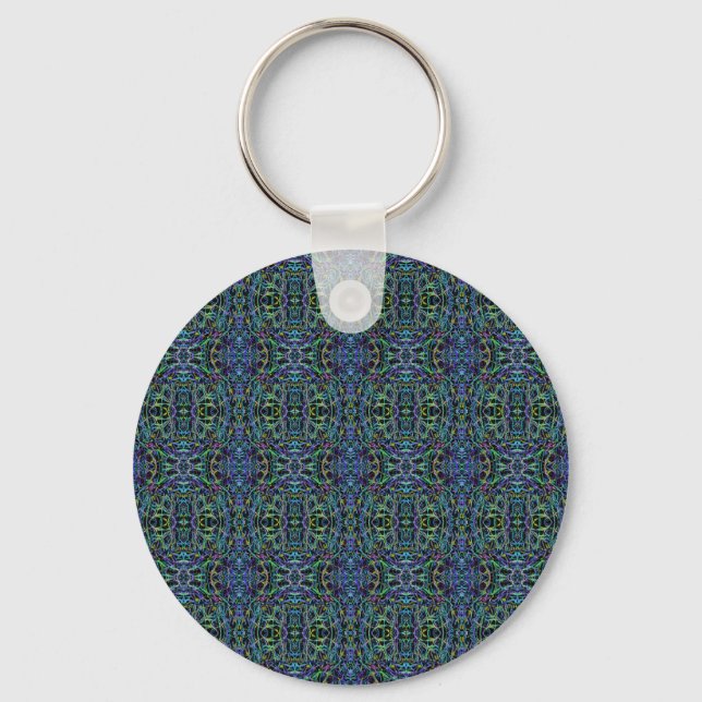 Trippy Blue Green Quilt Geometric Key Ring (Front)