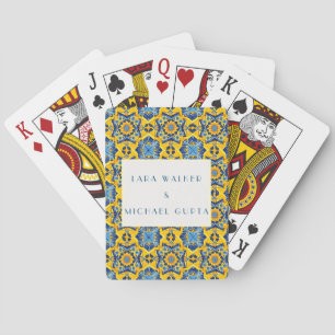 Trippy Bright Blue And Yellow Italian Tile Wedding Playing Cards