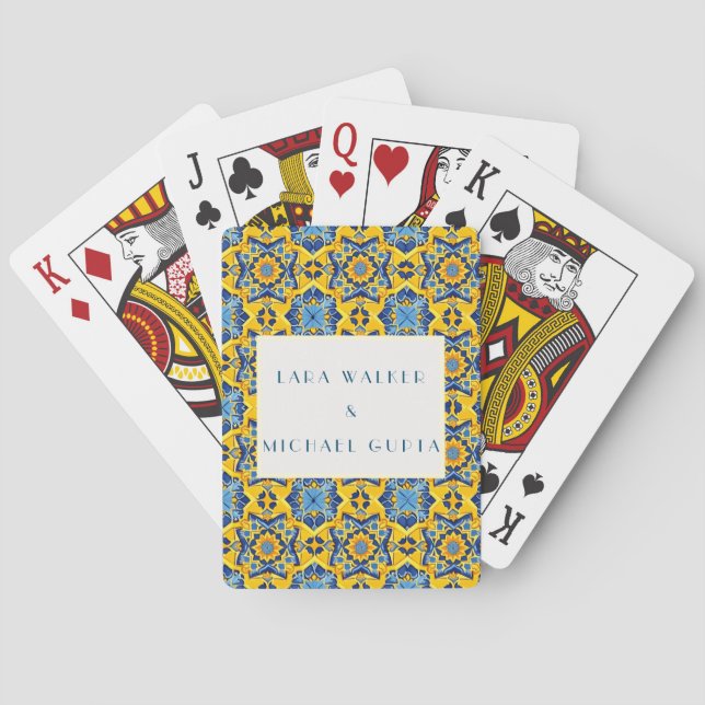 Trippy Bright Blue And Yellow Italian Tile Wedding Playing Cards (Back)