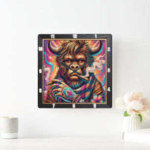 Trippy Buffalo Psychedelic Square Wall Clock