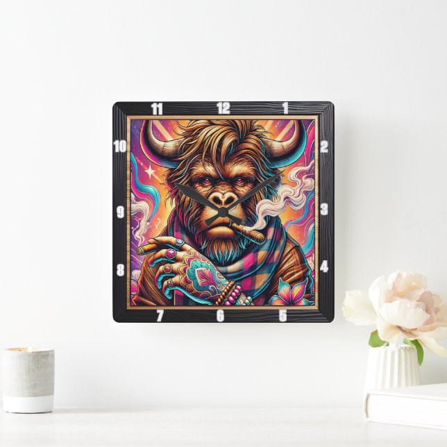 Trippy Buffalo Psychedelic Square Wall Clock (Home)