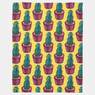 Trippy Cactus Pattern Yellow Weird Psychedelic Fleece Blanket