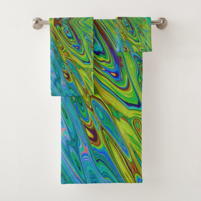 Trippy Chartreuse and Blue Abstract Butterfly Bath Towel Set (Insitu)