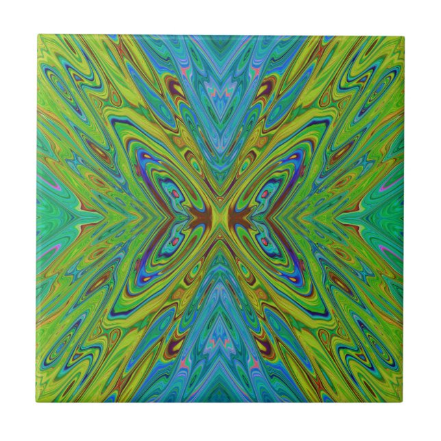Trippy Chartreuse and Blue Abstract Butterfly Ceramic Tile (Front)