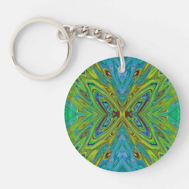 Trippy Chartreuse and Blue Abstract Butterfly Key Ring (Front)