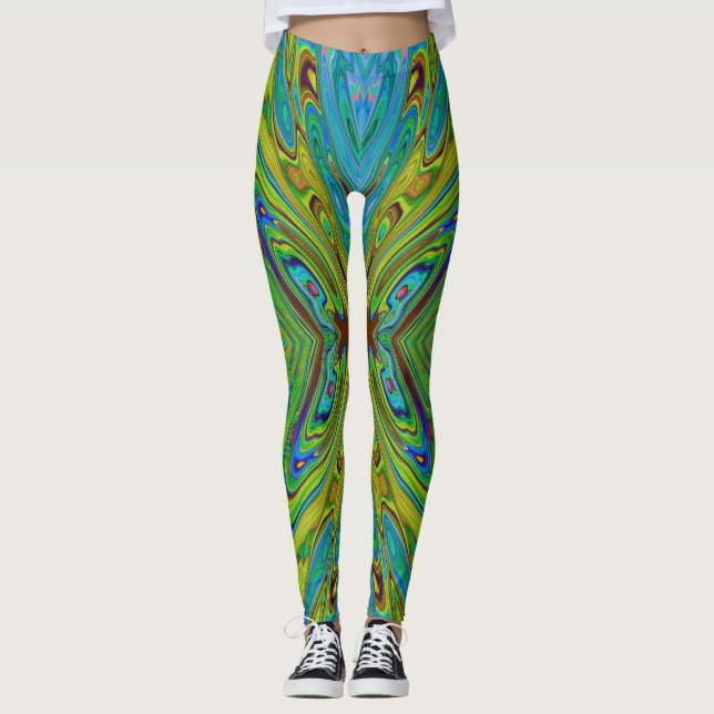 Trippy Chartreuse and Blue Abstract Butterfly Leggings (Front)