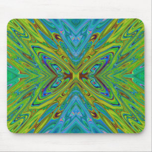 Trippy Chartreuse and Blue Abstract Butterfly Mouse Pad