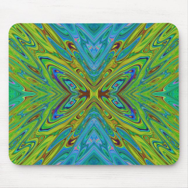 Trippy Chartreuse and Blue Abstract Butterfly Mouse Pad (Front)