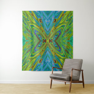 Trippy Chartreuse and Blue Abstract Butterfly Tapestry