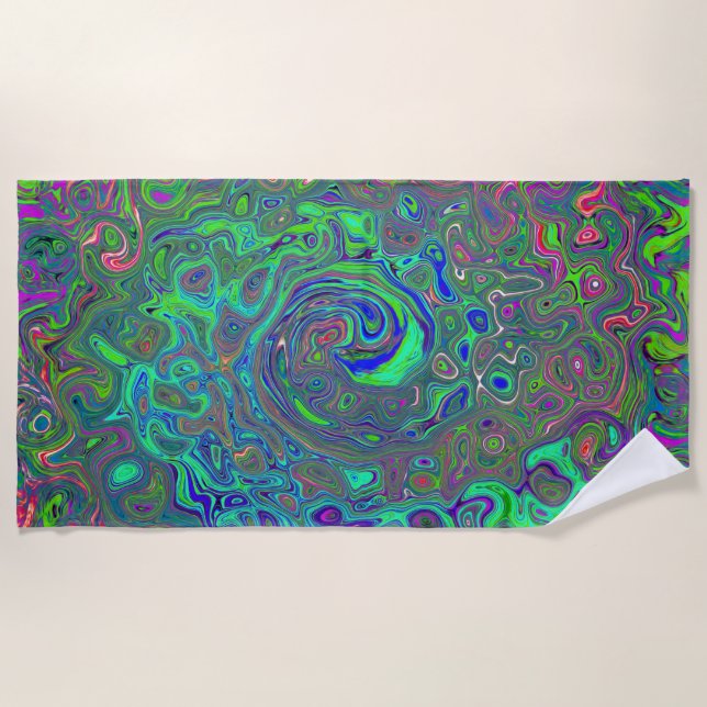 Trippy Chartreuse and Blue Retro Liquid Swirl Beach Towel (Front)