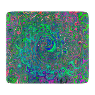 Trippy Chartreuse and Blue Retro Liquid Swirl Cutting Board