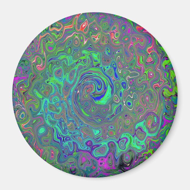 Trippy Chartreuse and Blue Retro Liquid Swirl Magnet (Front)