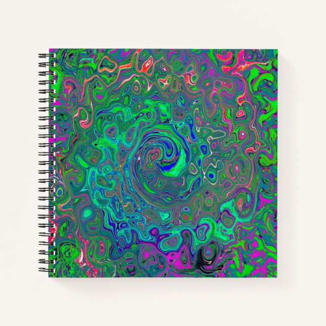 Trippy Chartreuse and Blue Retro Liquid Swirl Notebook (Front)