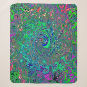 Trippy Chartreuse and Blue Retro Liquid Swirl Sherpa Blanket