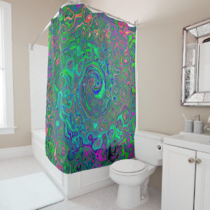 Trippy Chartreuse and Blue Retro Liquid Swirl Shower Curtain