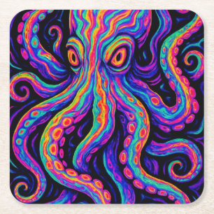 Trippy Colourful Octopus  Square Paper Coaster