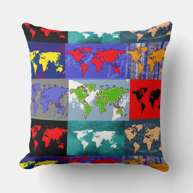 trippy colourful world maps pattern cushion (Front)