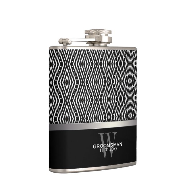 Trippy Diamond Black+White Pattern Groomsmen Gifts Hip Flask (Right)