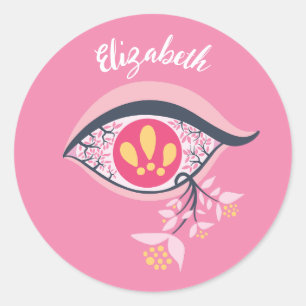 Trippy Eye Pink Floral Psychedelic Name Classic Round Sticker